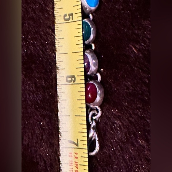 Vtg 23g Sterling Bracelet 6.5 Multi Gemstone Cabochon Onyx Lapis Coral 4127 B - Picture 6 of 12